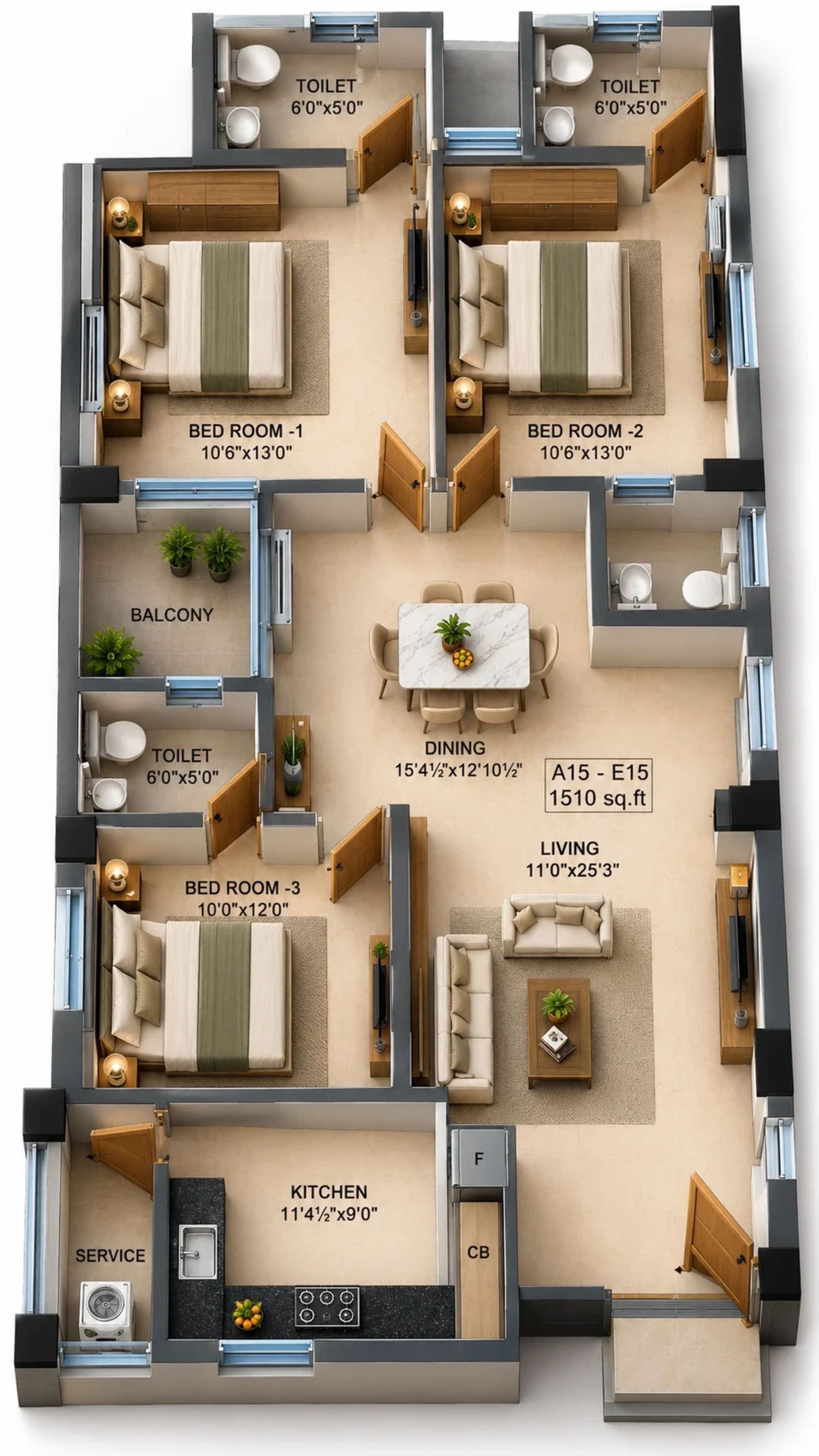 3 BHK Apartment floor plan — 1,510 sqft