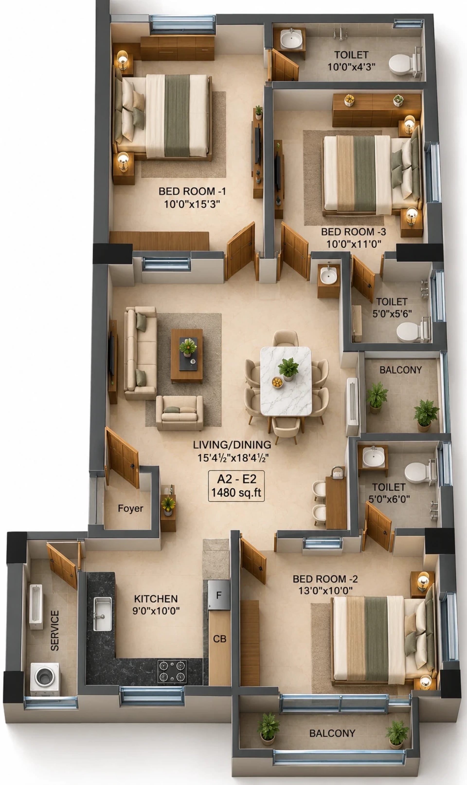3 BHK Apartment floor plan — 1,480 sqft