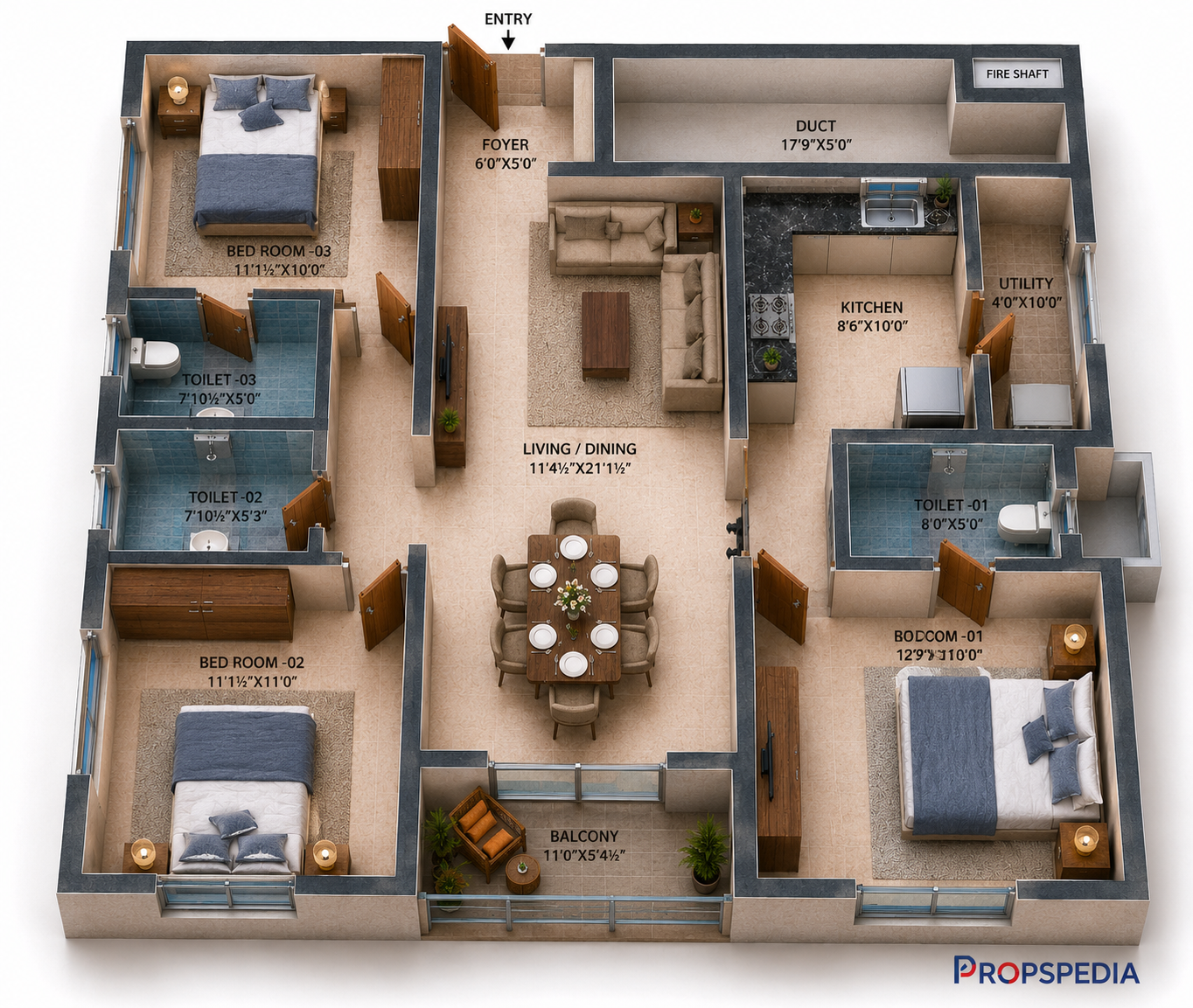 3 BHK Apartment Floor Plan – RWD Waterfront