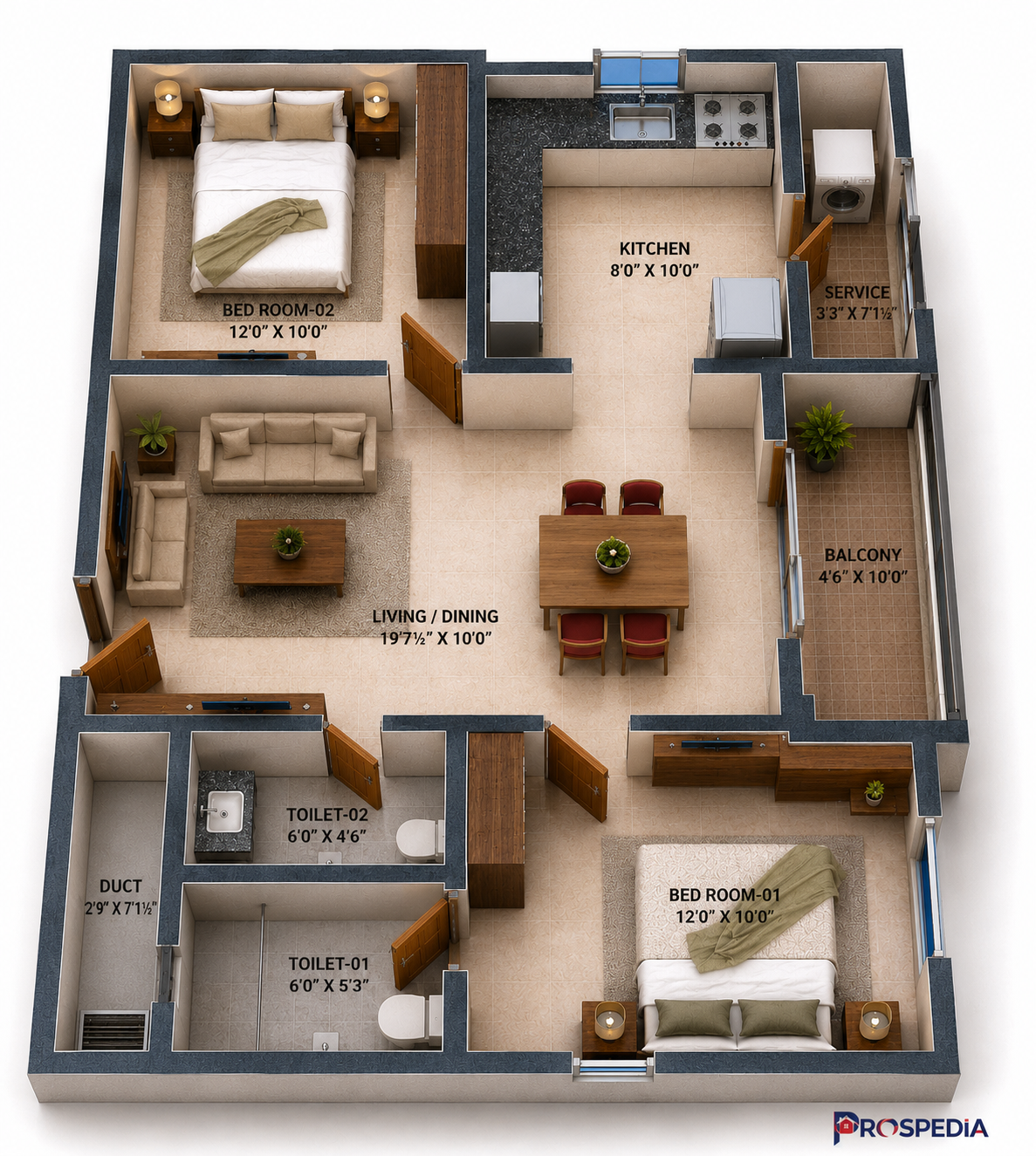 2 BHK Apartment Floor Plan – RWD Waterfront