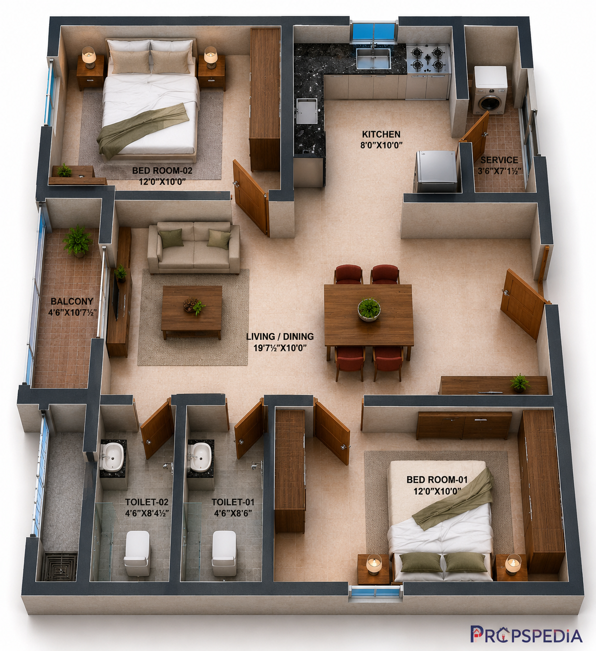 2 BHK Apartment Floor Plan – RWD Waterfront