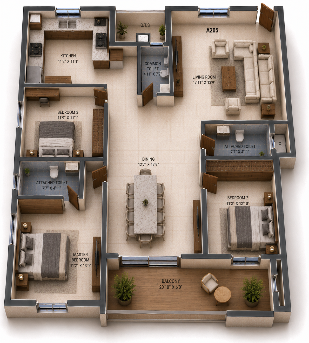 3 BHK Apartment Floor Plan – NCC Urban Ivy Tower
