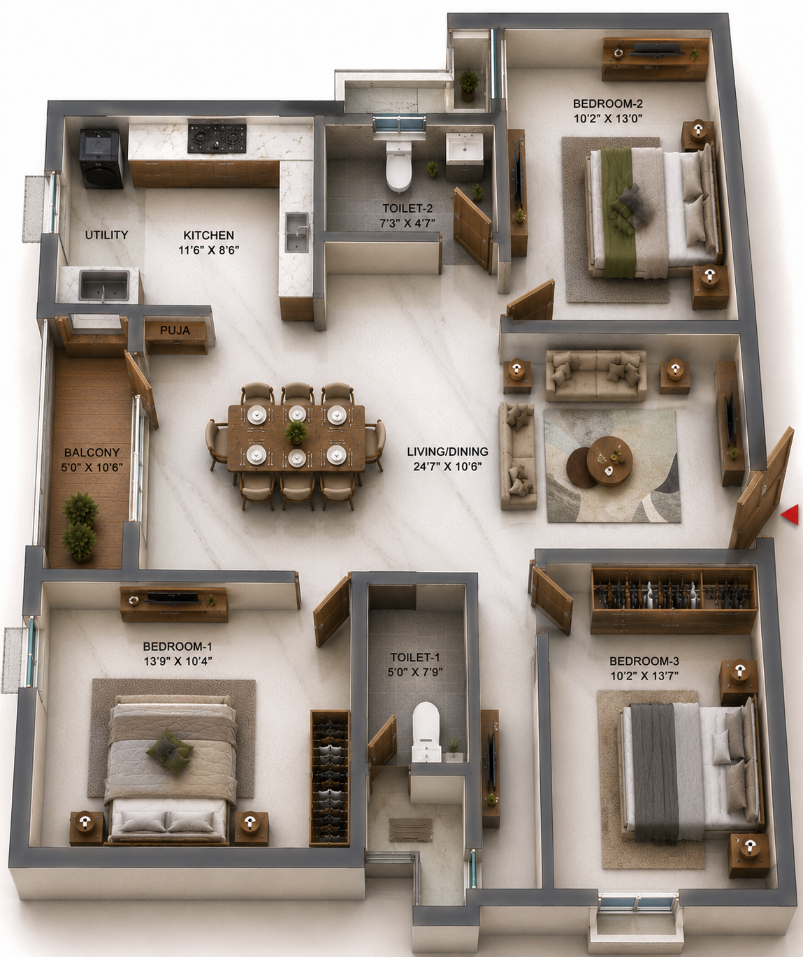 3 BHK Apartment Floor Plan – TVS Emerald Verde Vista