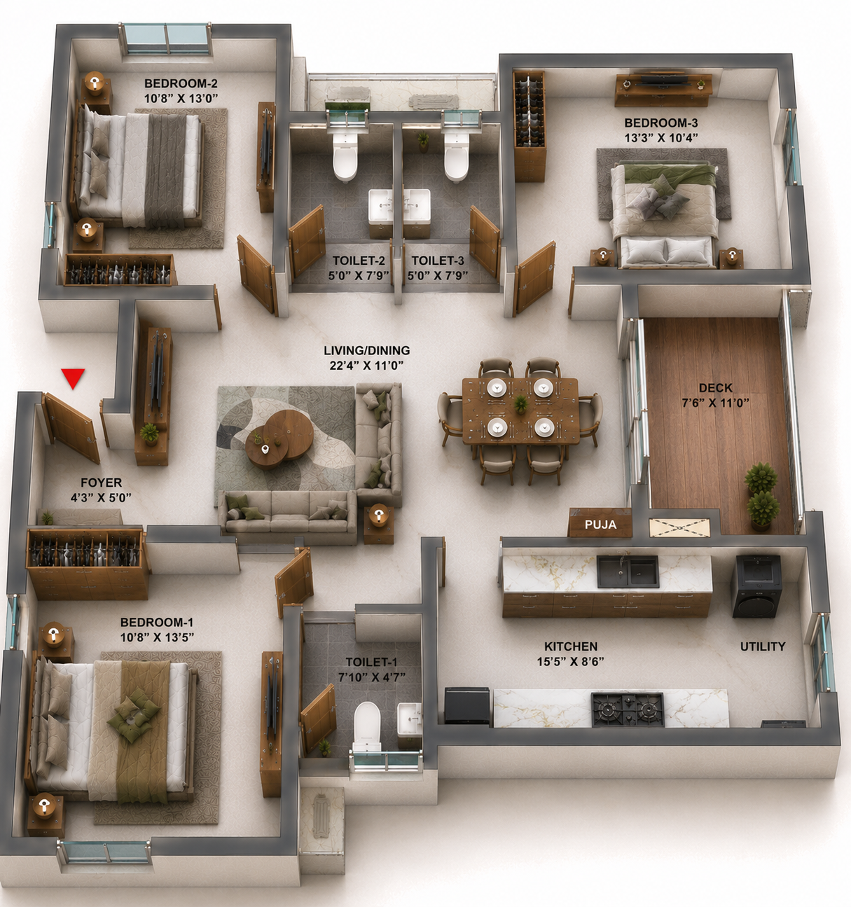 3 BHK Apartment Floor Plan – TVS Emerald Verde Vista