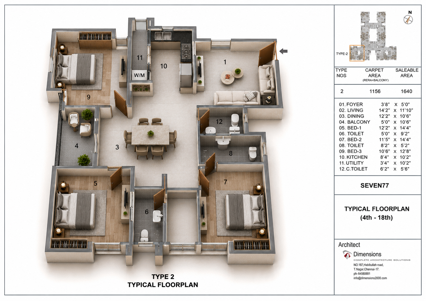 3 BHK Apartment Floor Plan – Jains Seven 77