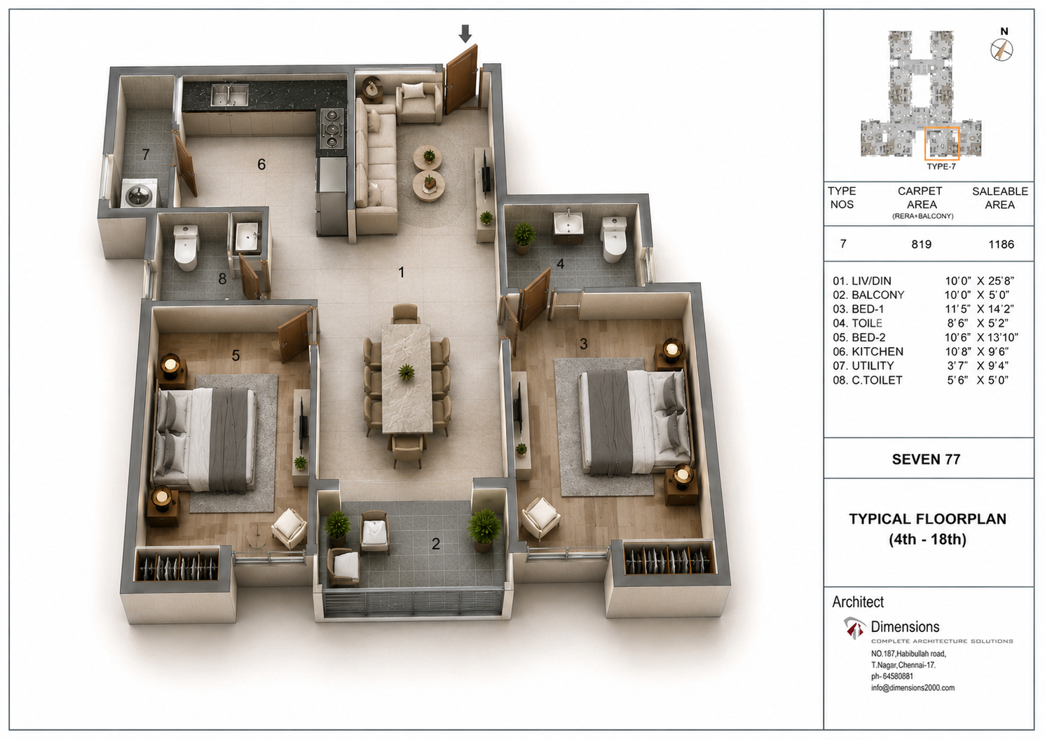 2 BHK Apartment Floor Plan – Jains Seven 77