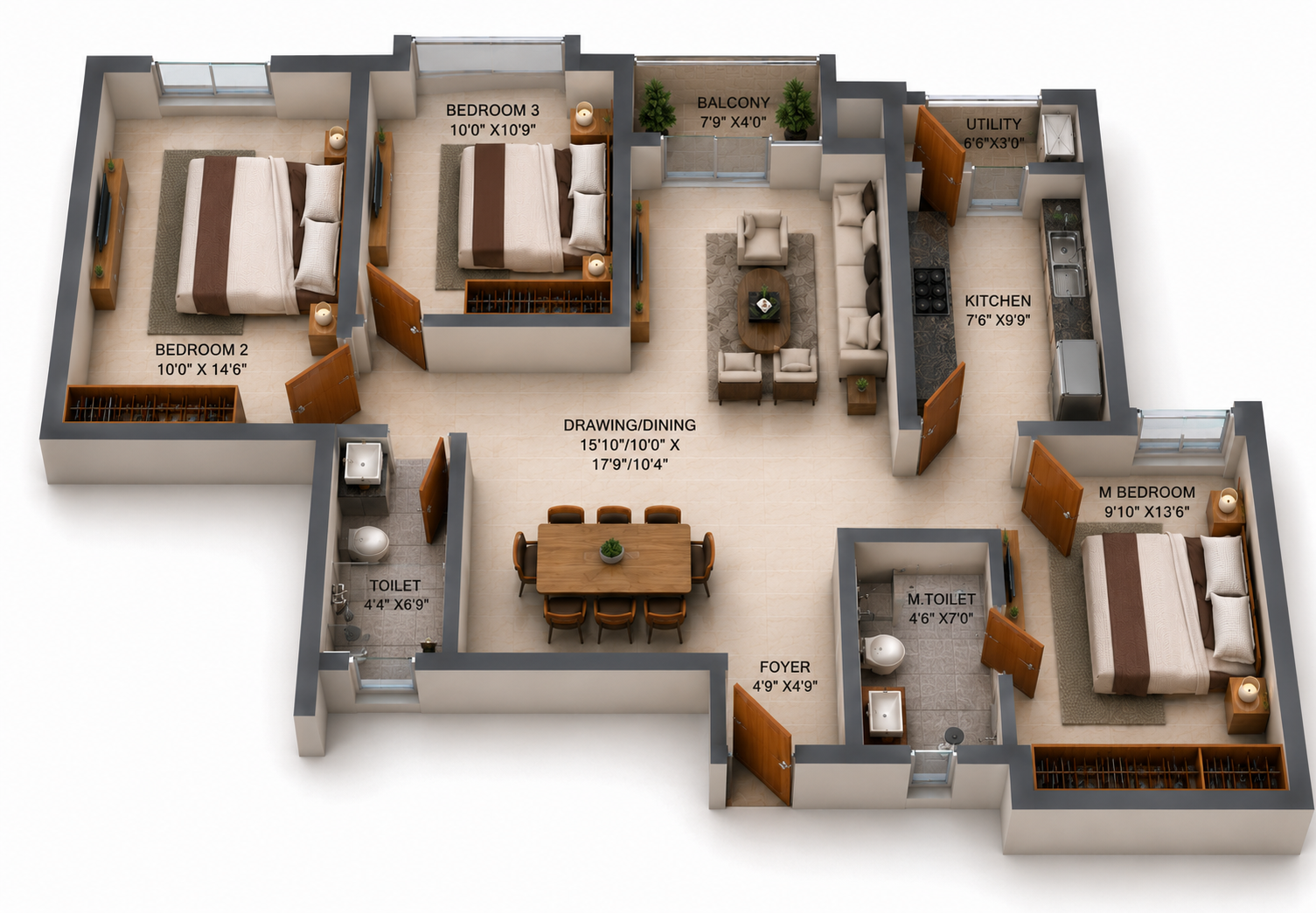 3 BHK Apartment Floor Plan – RLD Altima