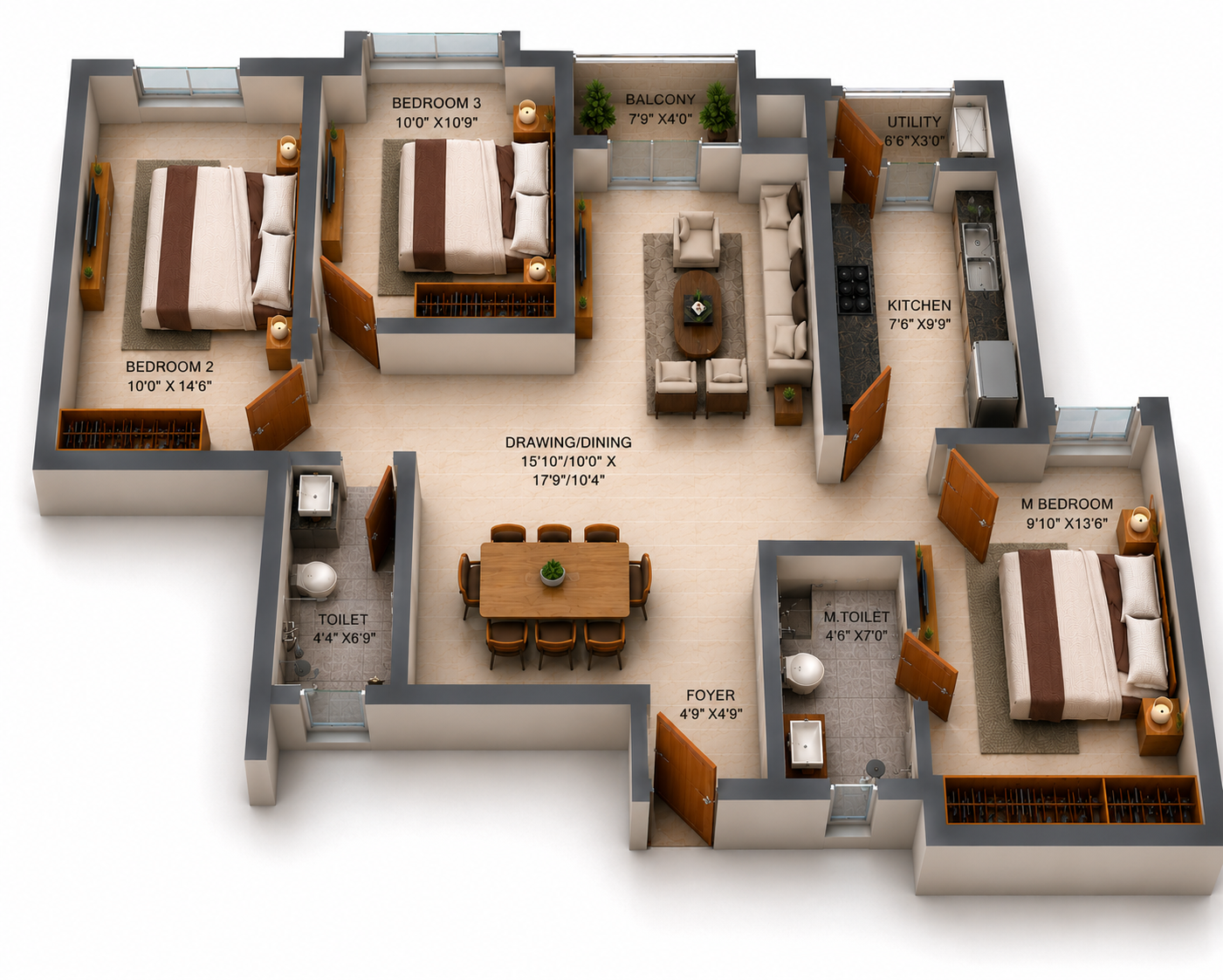 3 BHK Apartment Floor Plan – RLD Altima