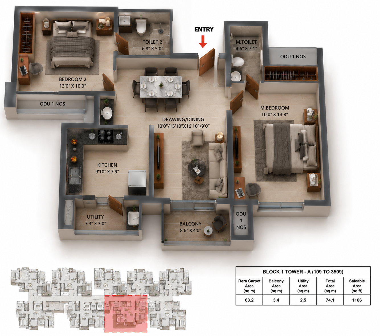 2 BHK Apartment Floor Plan – RLD Altima