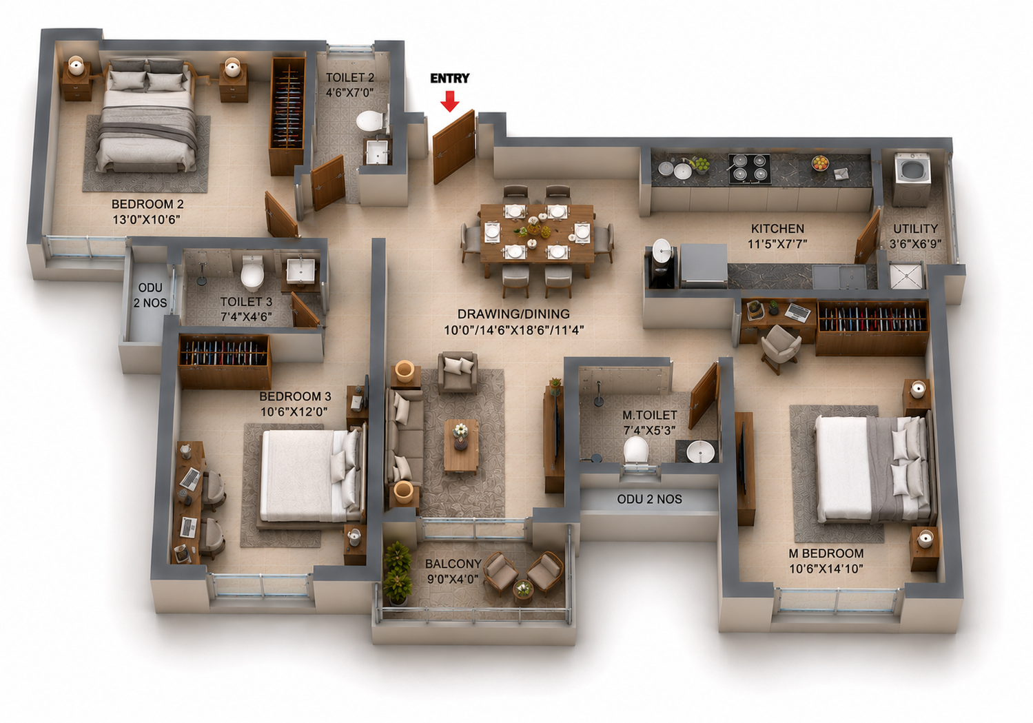3 BHK Apartment Floor Plan – RLD Altima