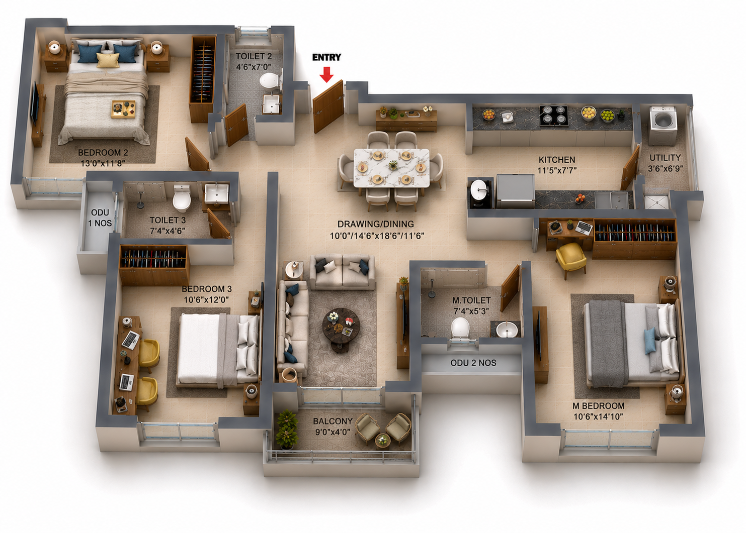 3 BHK Apartment Floor Plan – RLD Altima