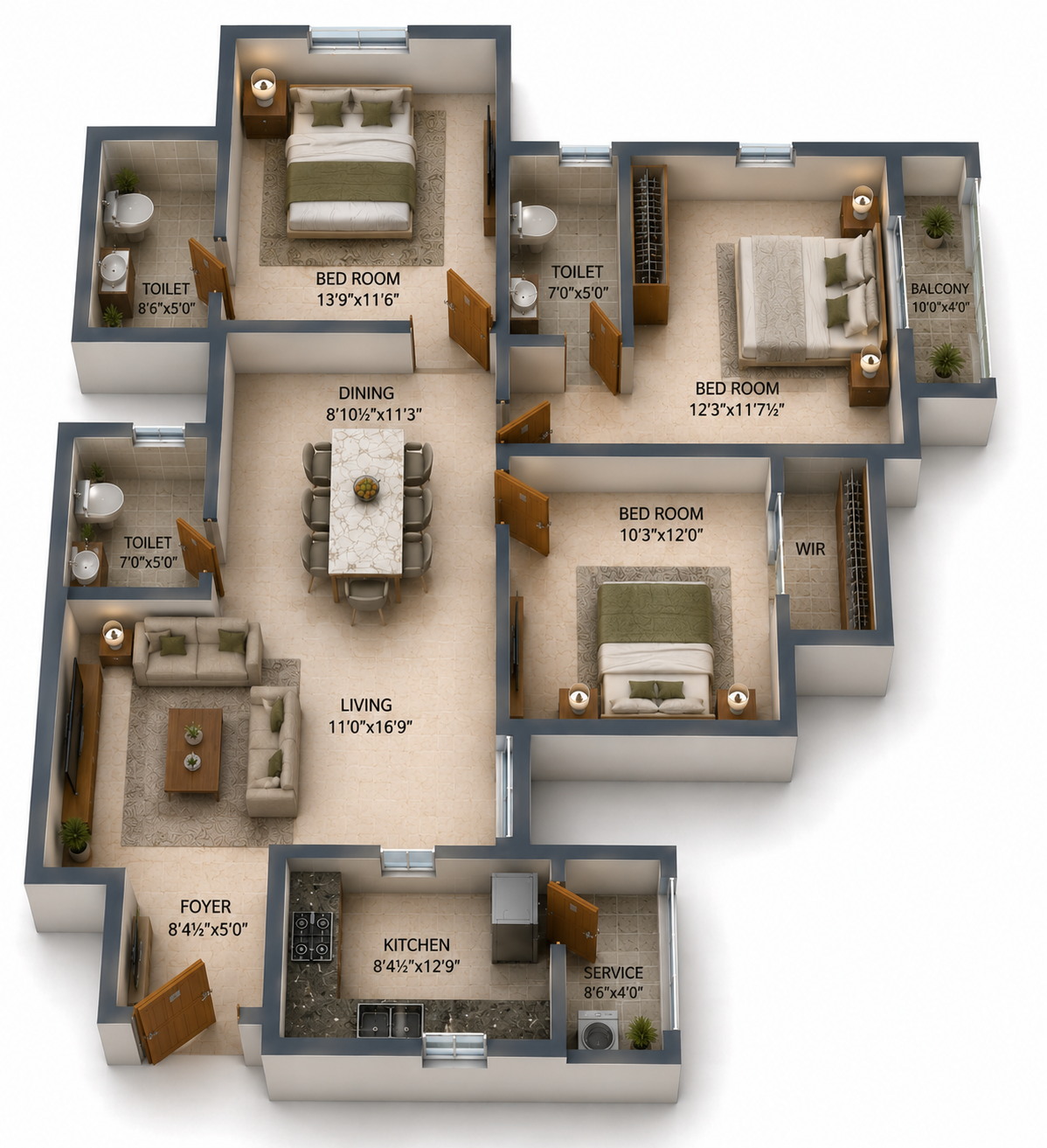 3 BHK Apartment Floor Plan – PS Srijan Nexterra II