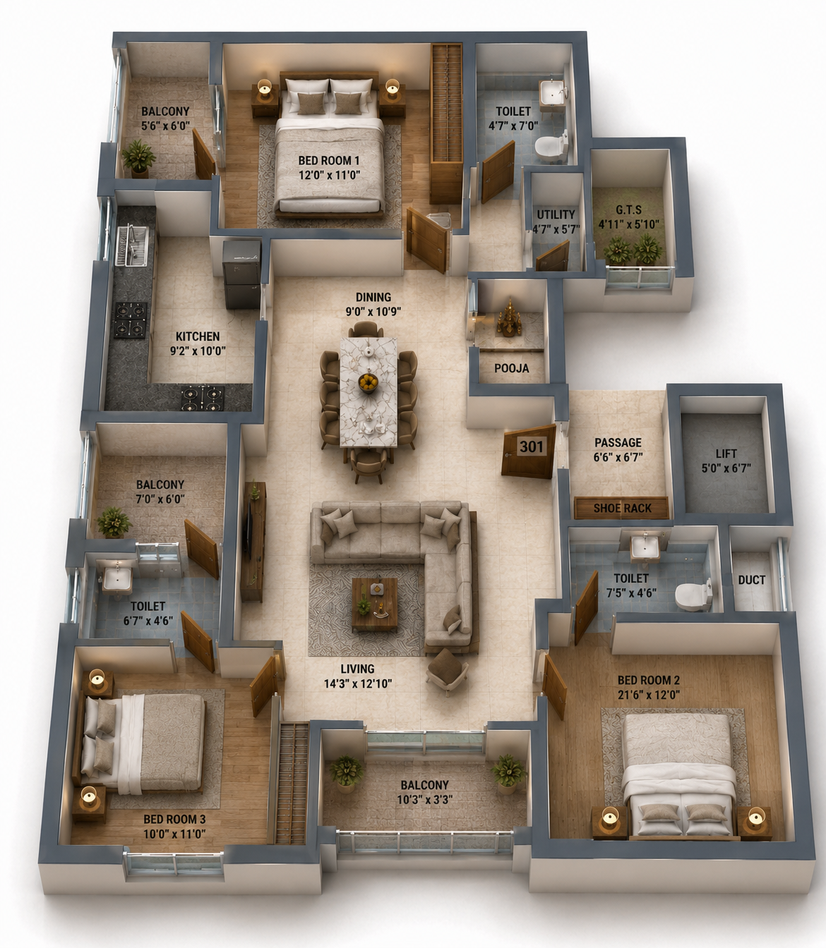 3 BHK Apartment Floor Plan – Harmony Ramprasad
