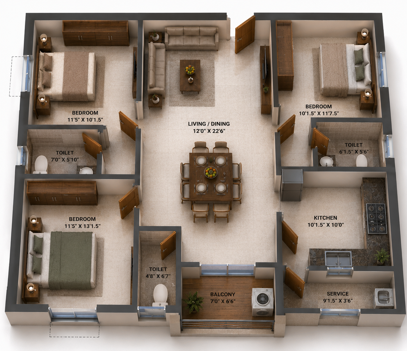3 BHK Apartment Floor Plan – MP Mavis