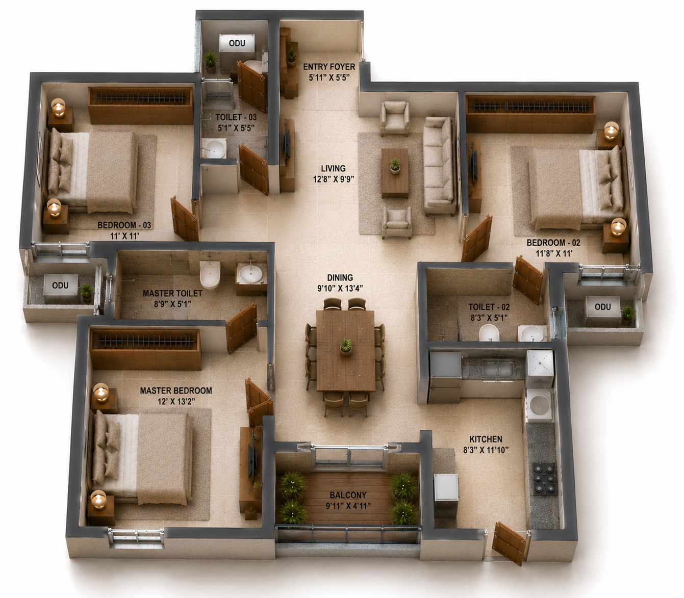 3 BHK Apartment Floor Plan – Sidharth Bliss