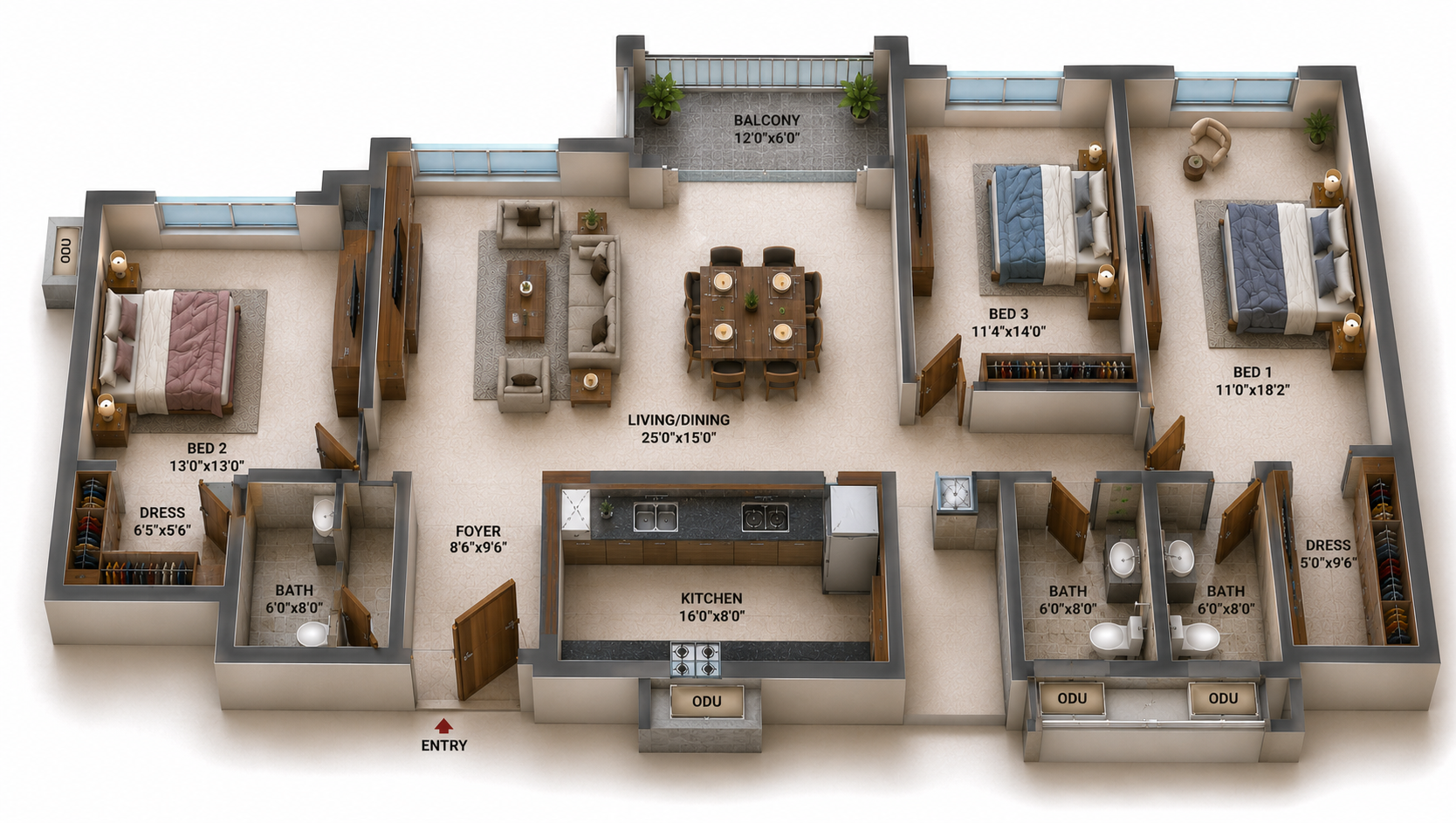 3 BHK Apartment  Floor Plan – Casagrand Aquagrove
