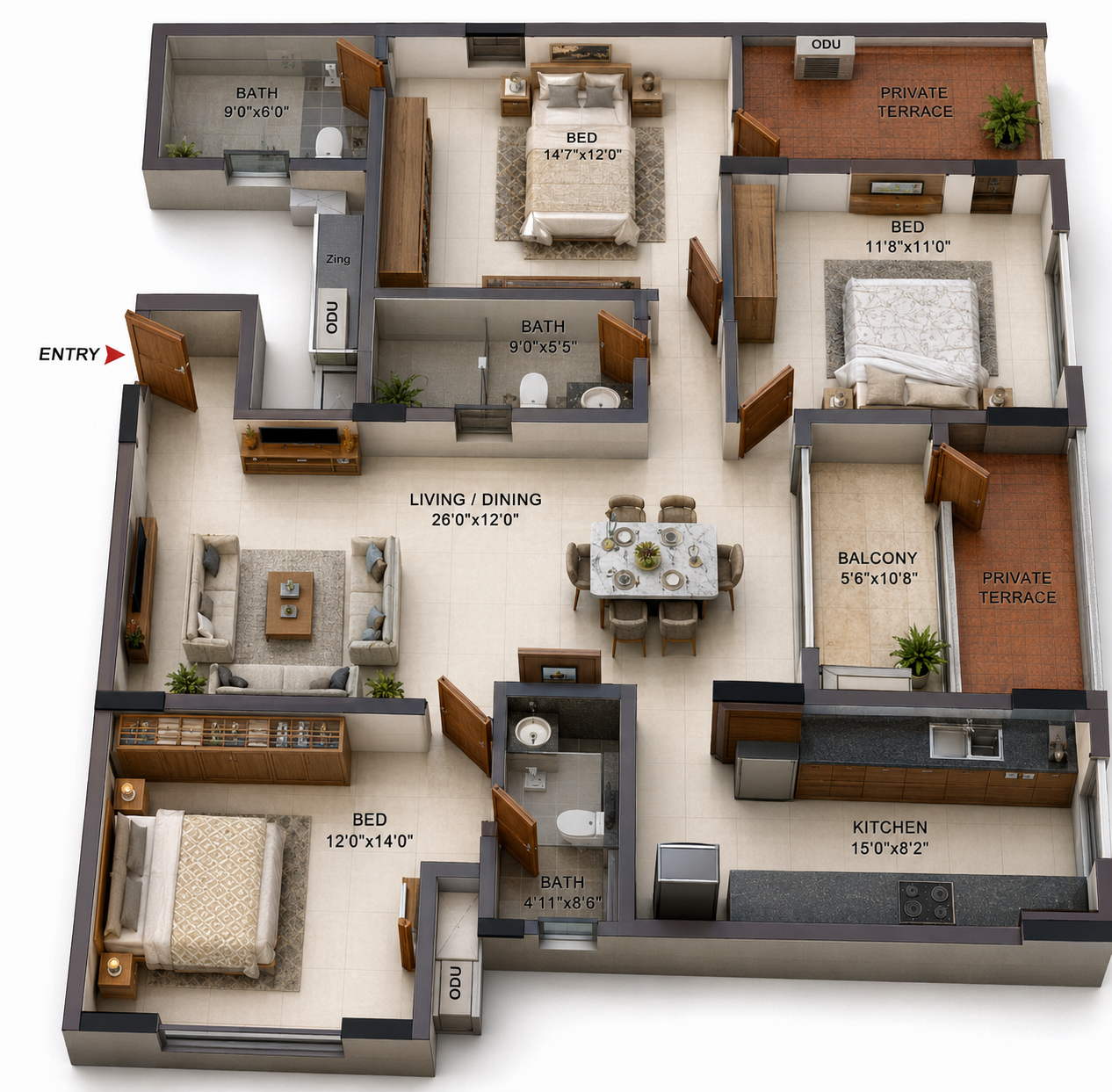 3BHK Apartment floor plan