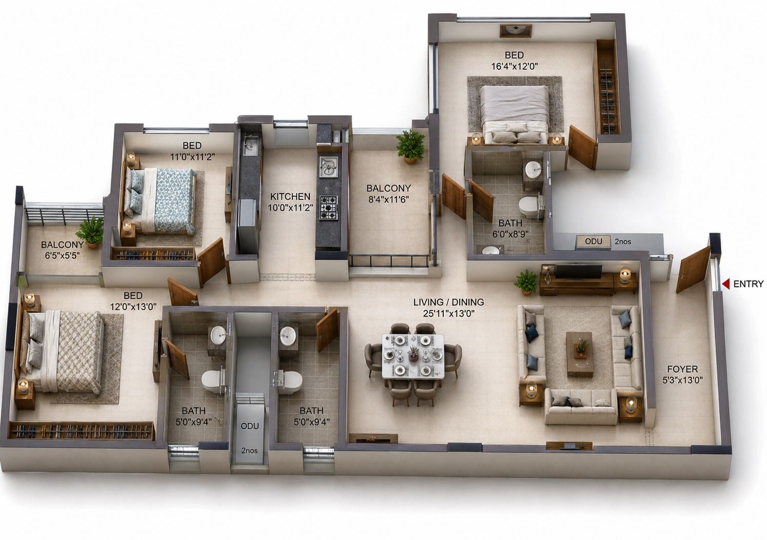 3BHK Apartment floor plan