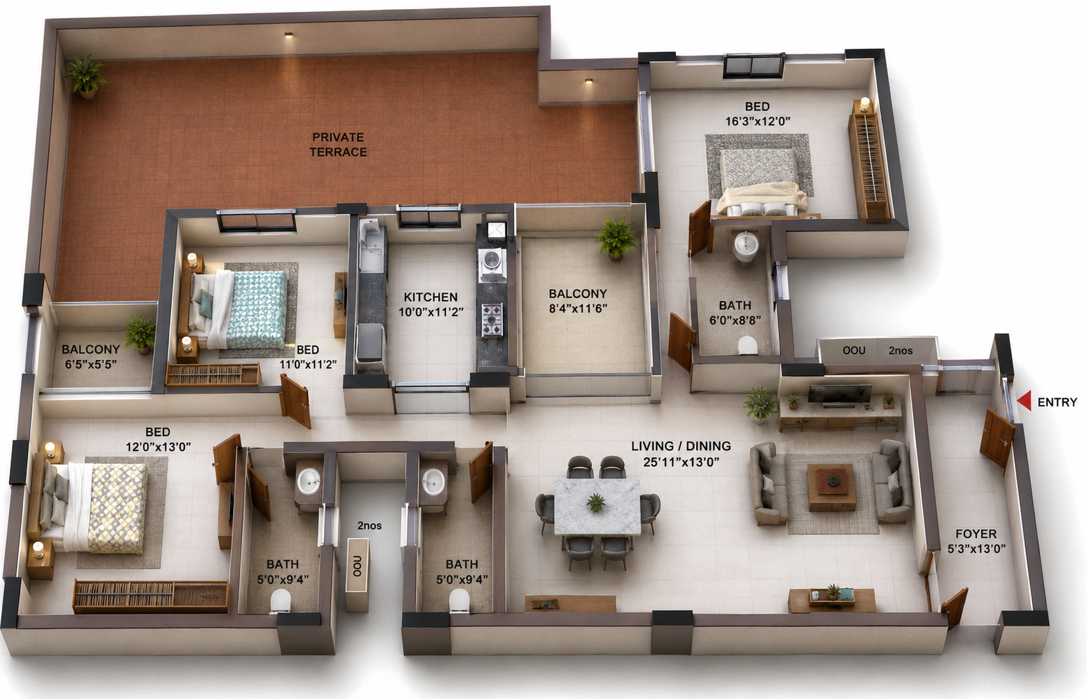 3BHK Apartment floor plan