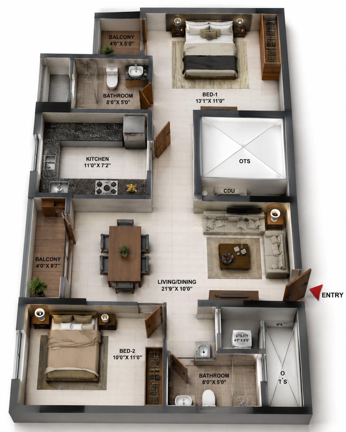 2 BHK Apartment floor plan
