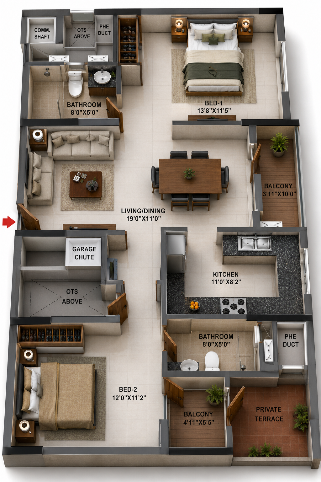 2 BHK Apartment floor plan