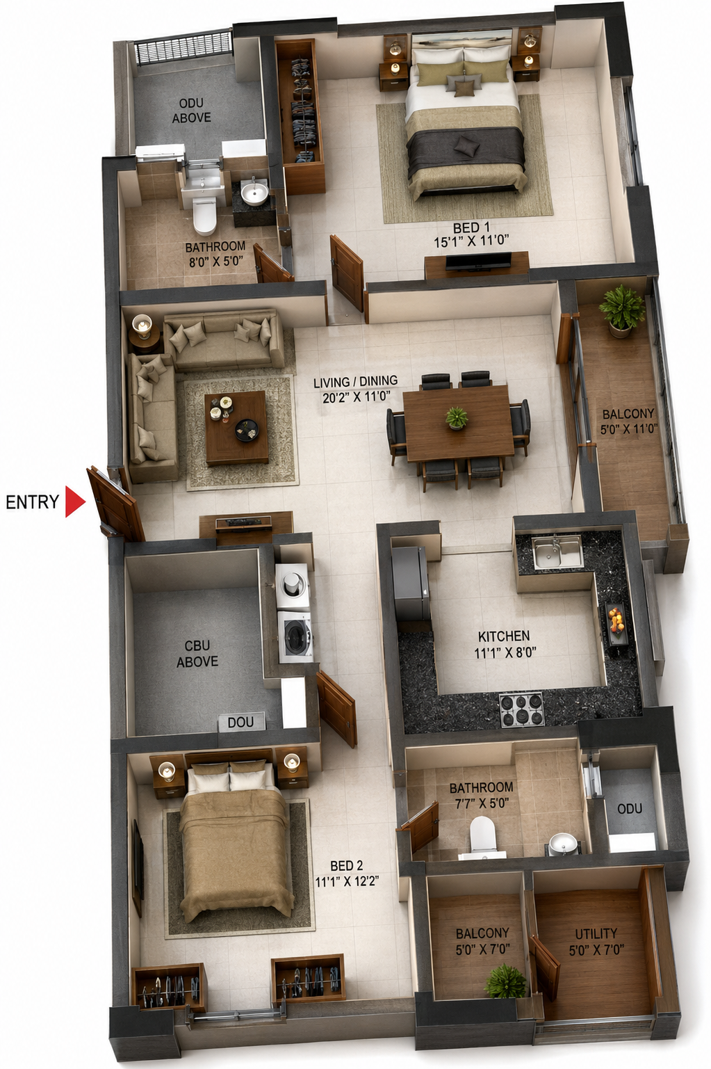 2 BHK Apartment floor plan