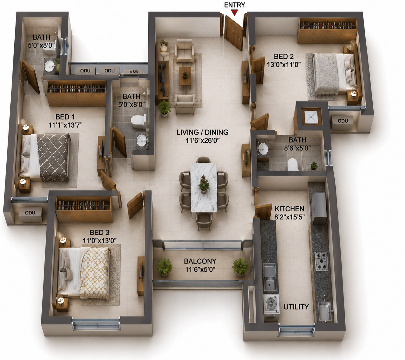 3 BHK Apartment floor plan