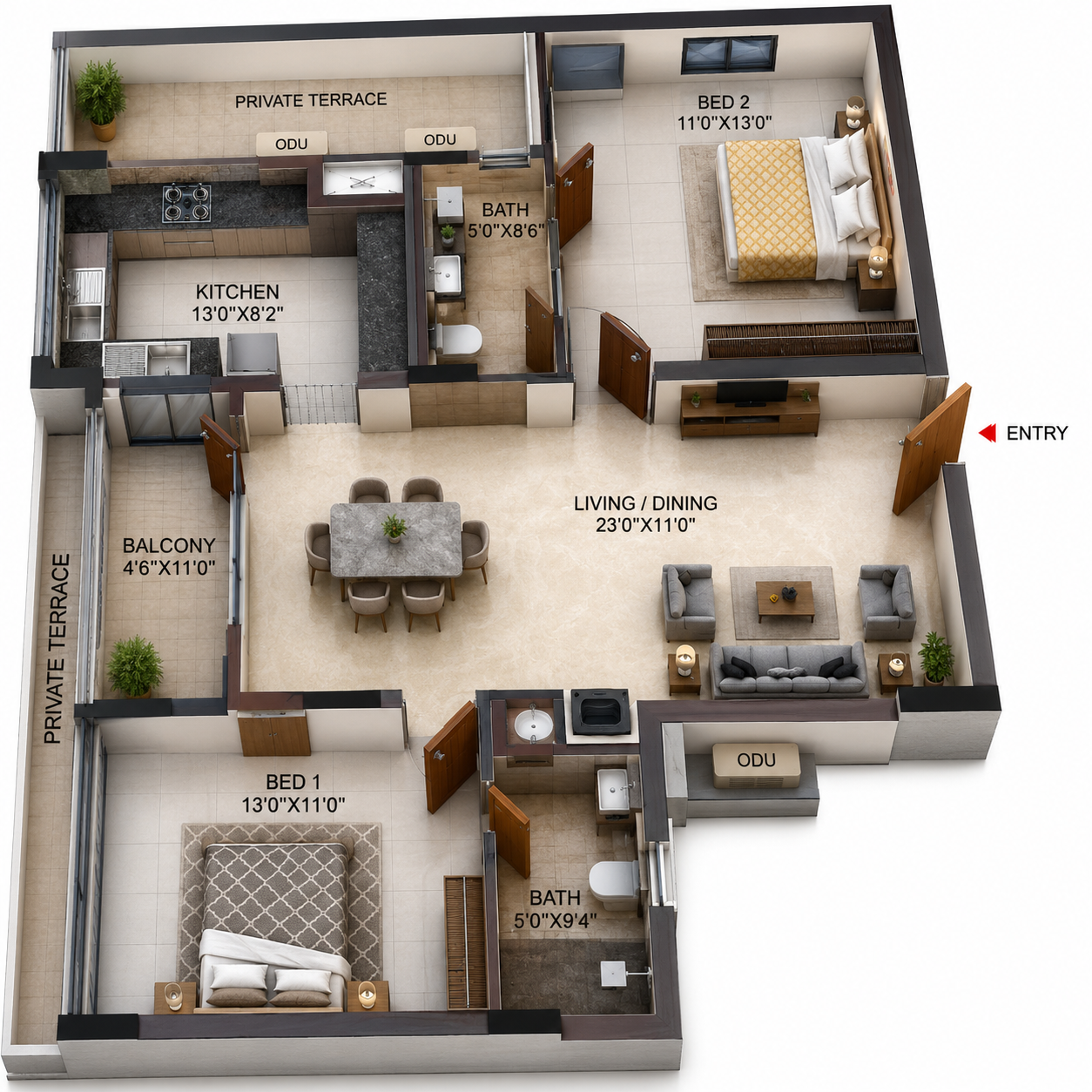 2BHK Apartment floor plan