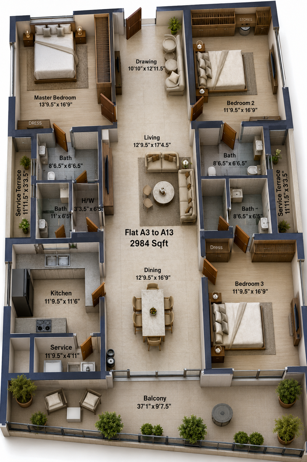 3 BHK Apartment floor plan