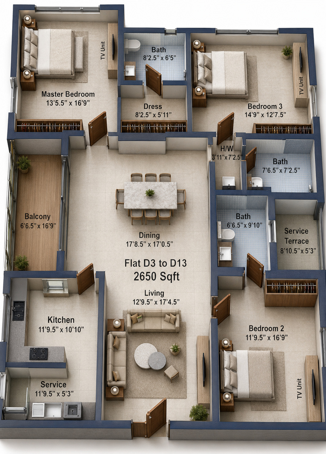 3 BHK Apartment floor plan