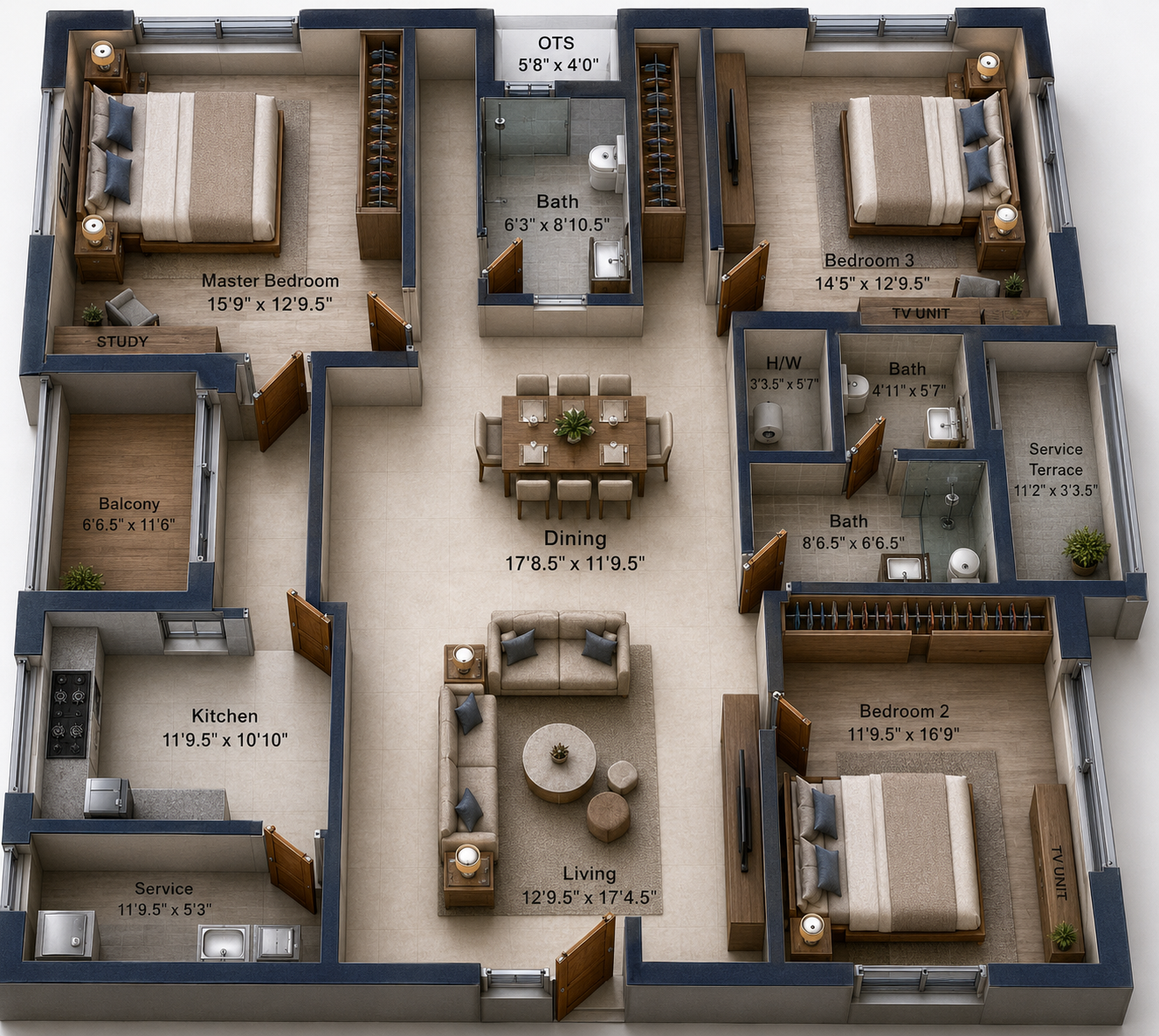 3 BHK Apartment floor plan