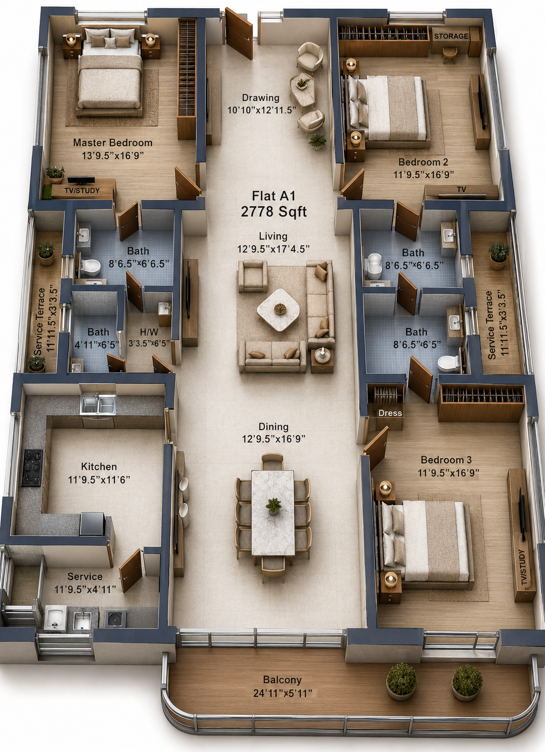 3 BHK Apartment floor plan