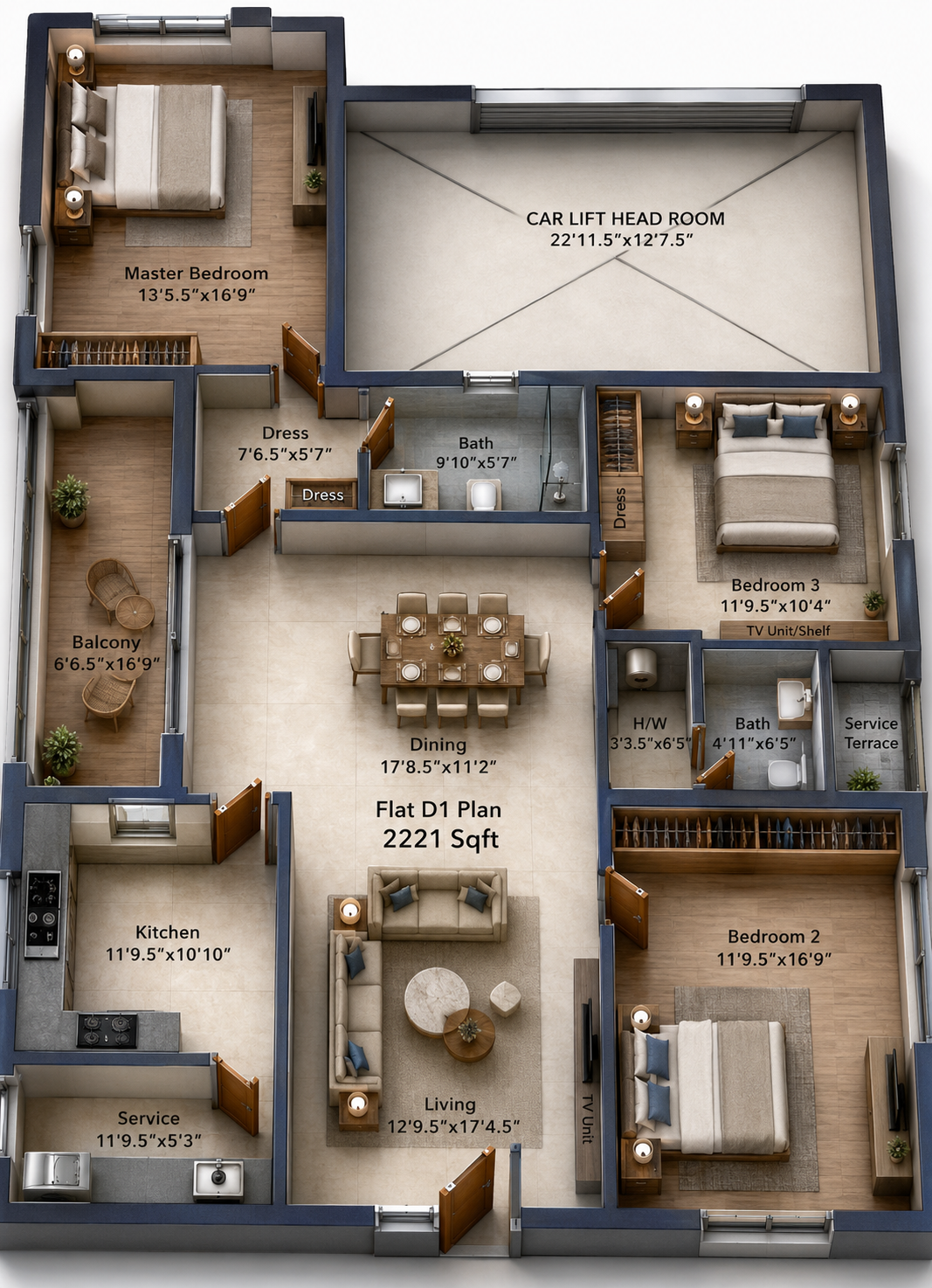3 BHK Apartment floor plan