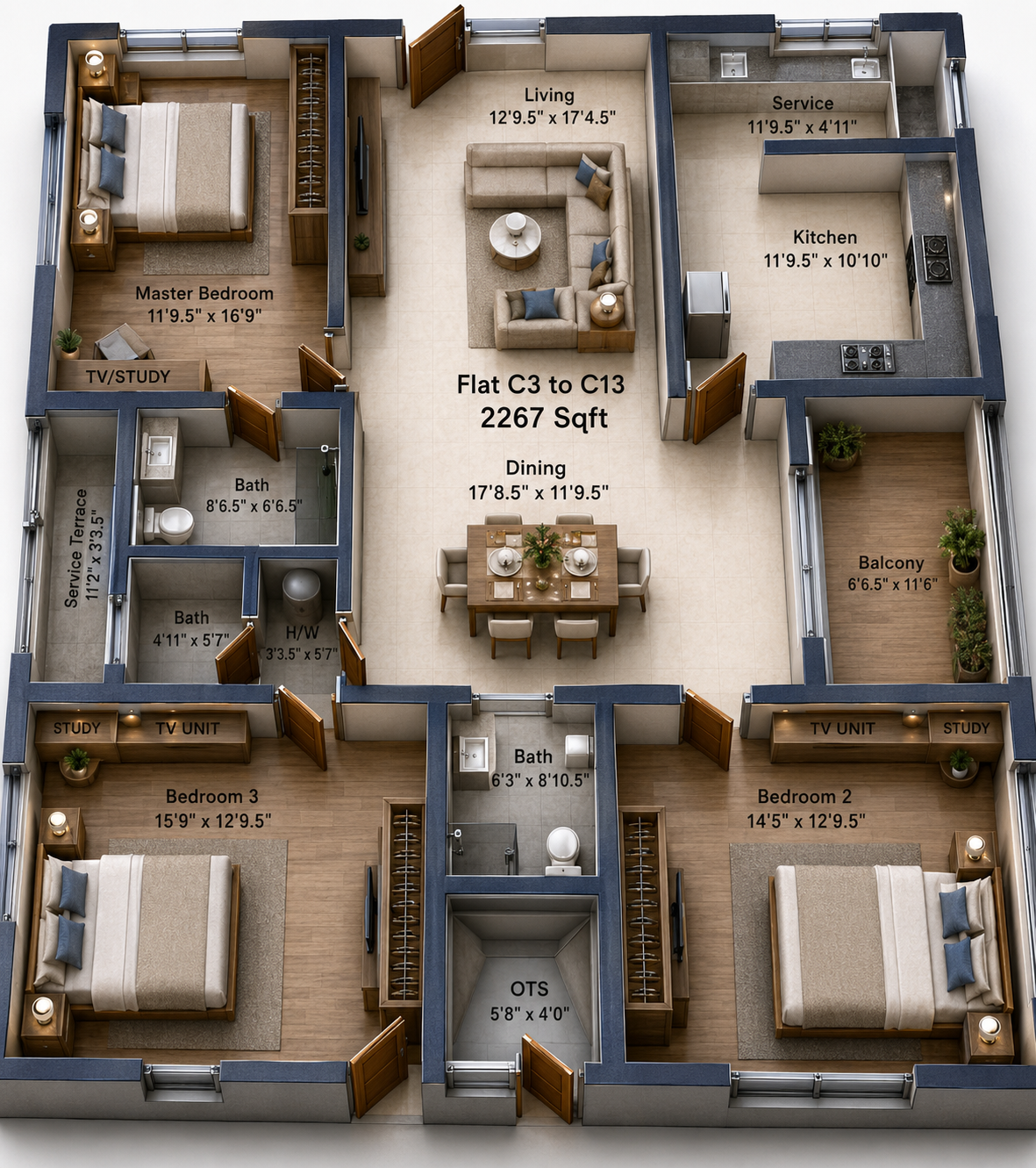 3 BHK Apartment floor plan