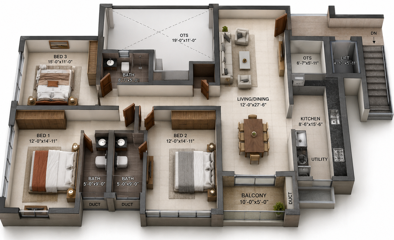 3 BHK Apartment floor plan