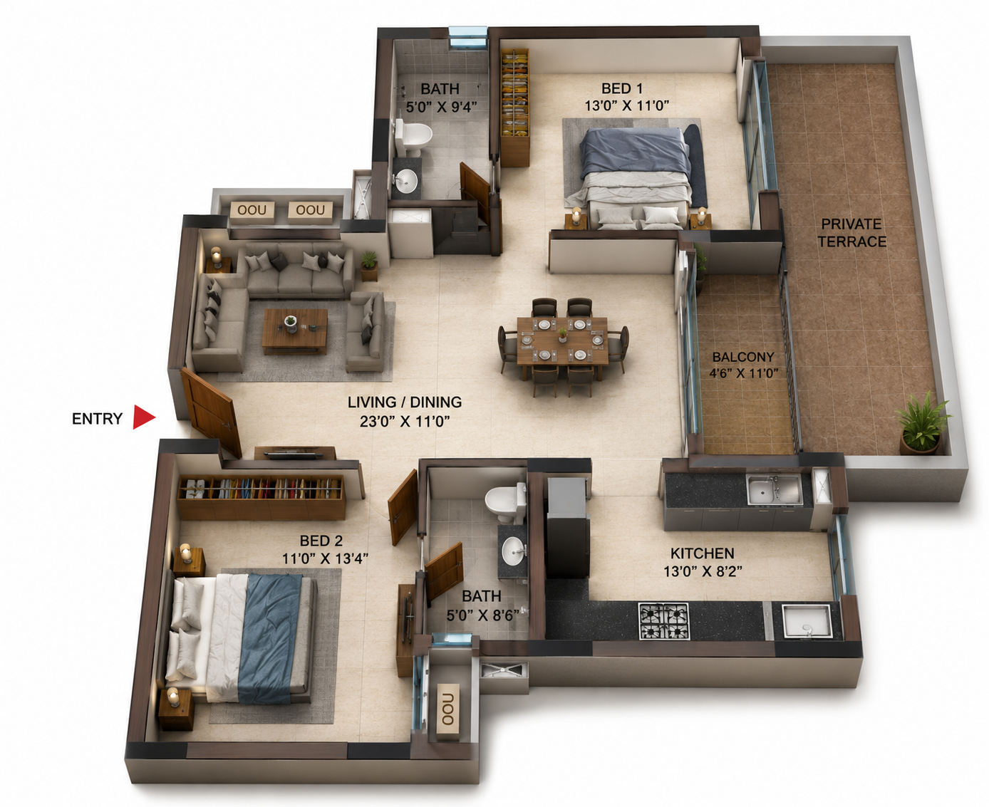 2 BHK Apartment floor plan