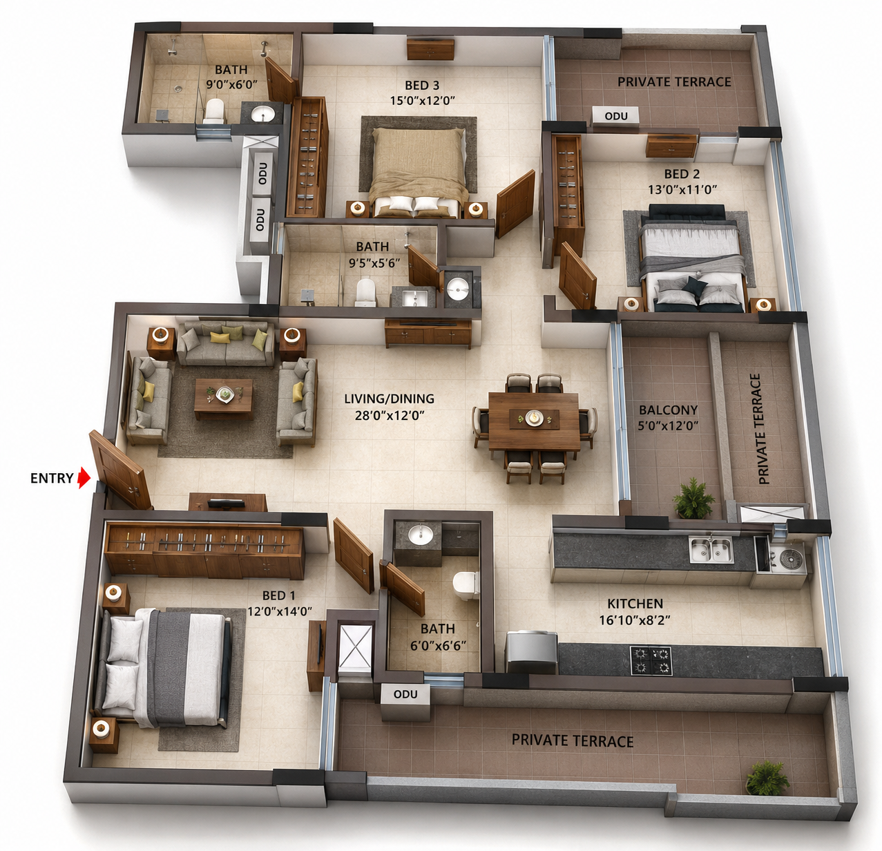 3 BHK Apartment floor plan
