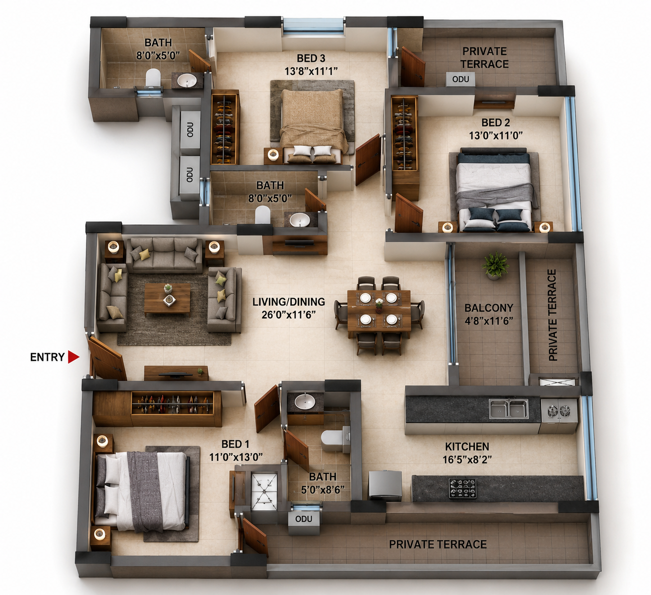 3 BHK Apartment floor plan