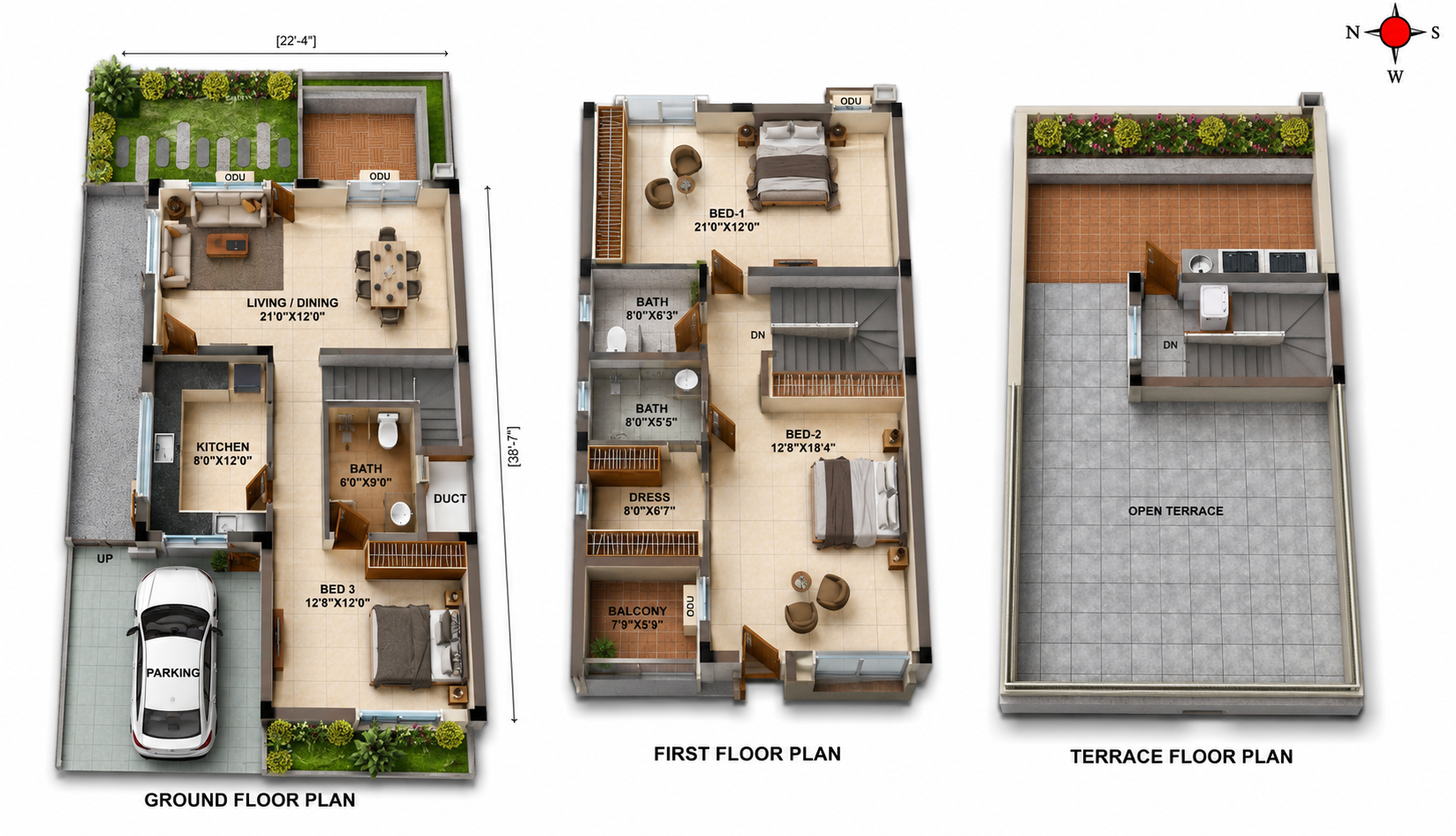 3 BHK Villa floor plan