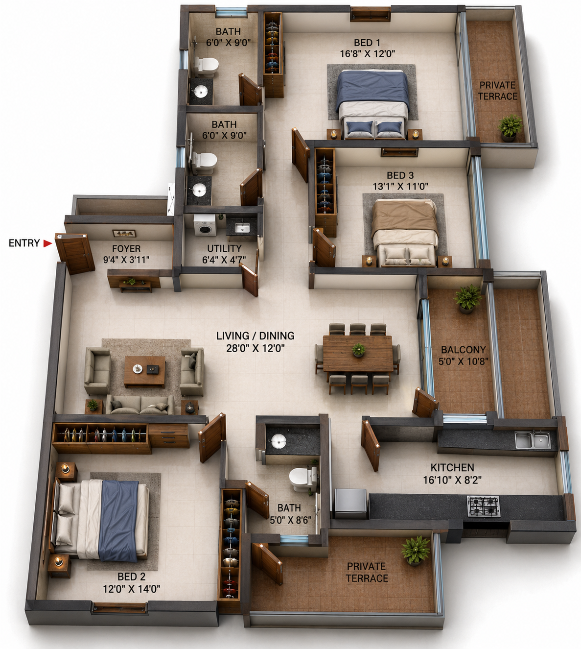 3 BHK Apartment floor plan