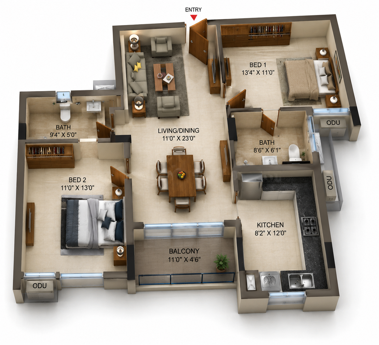 2 BHK Apartment floor plan