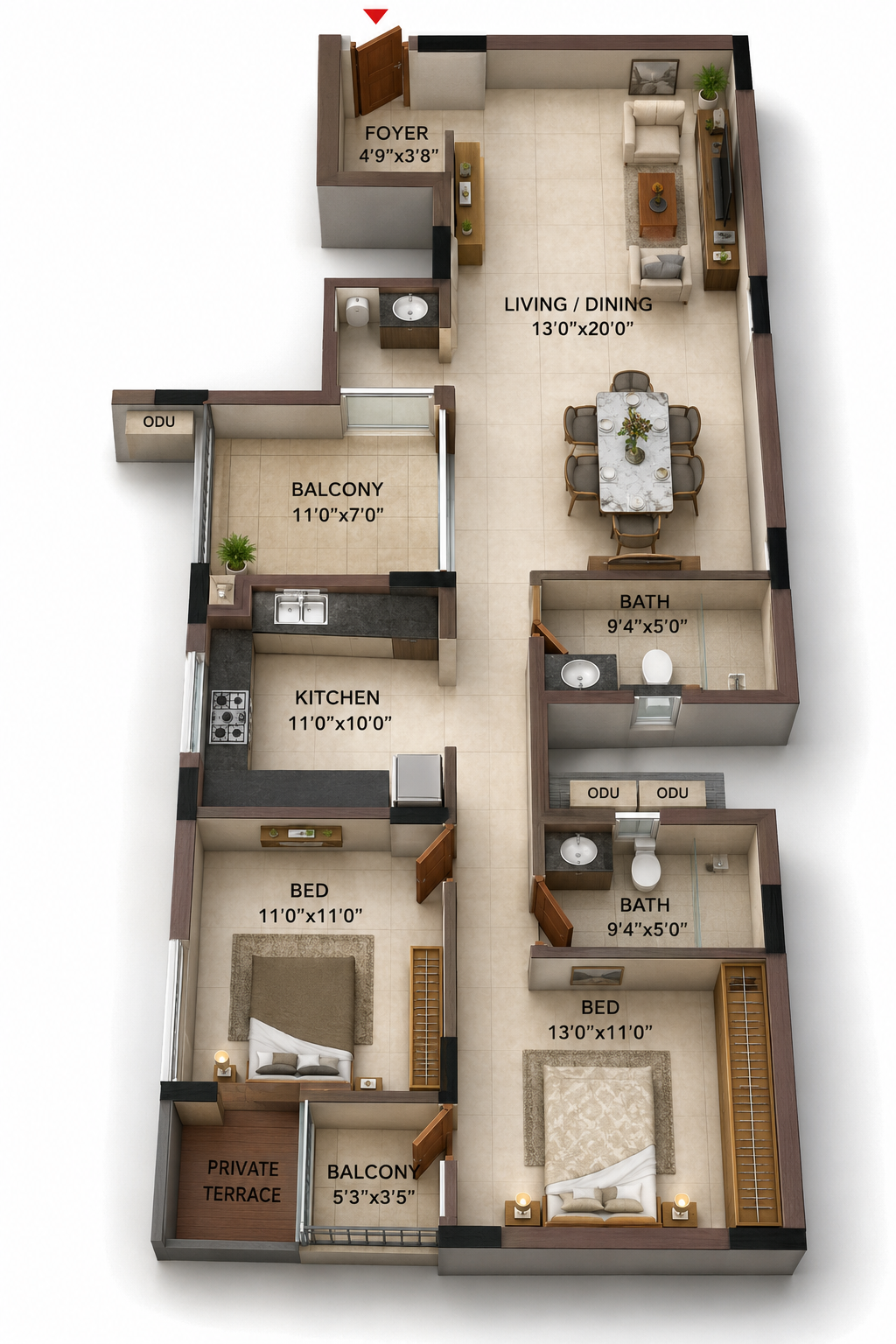 2 BHK Apartment floor plan