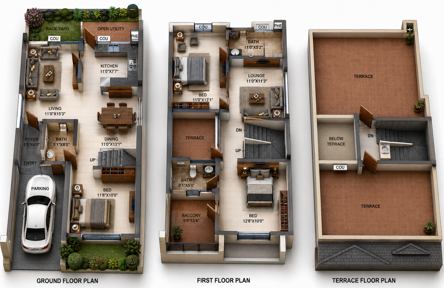 3 BHK Villa floor plan
