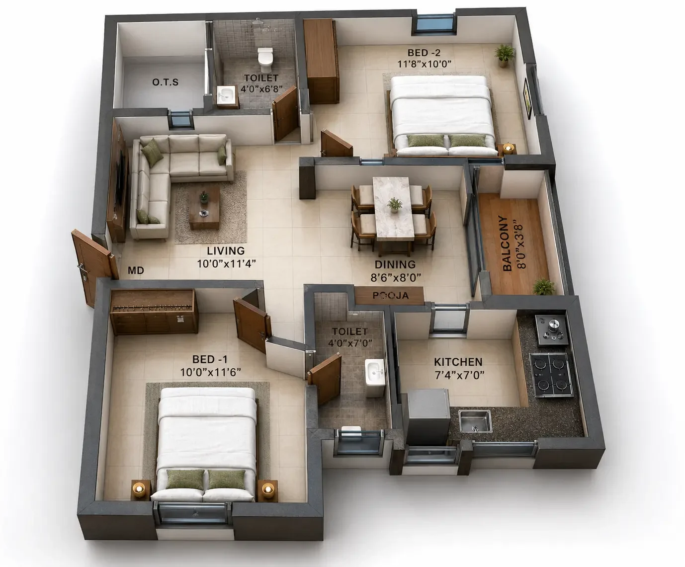 2 BHK Apartment floor plan