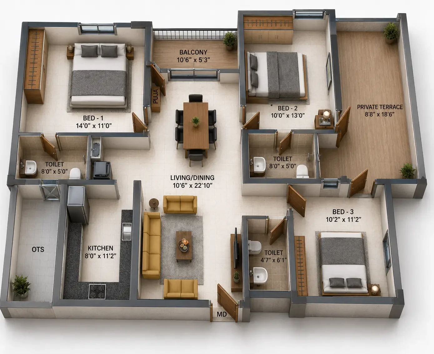 2 BHK Apartment floor plan