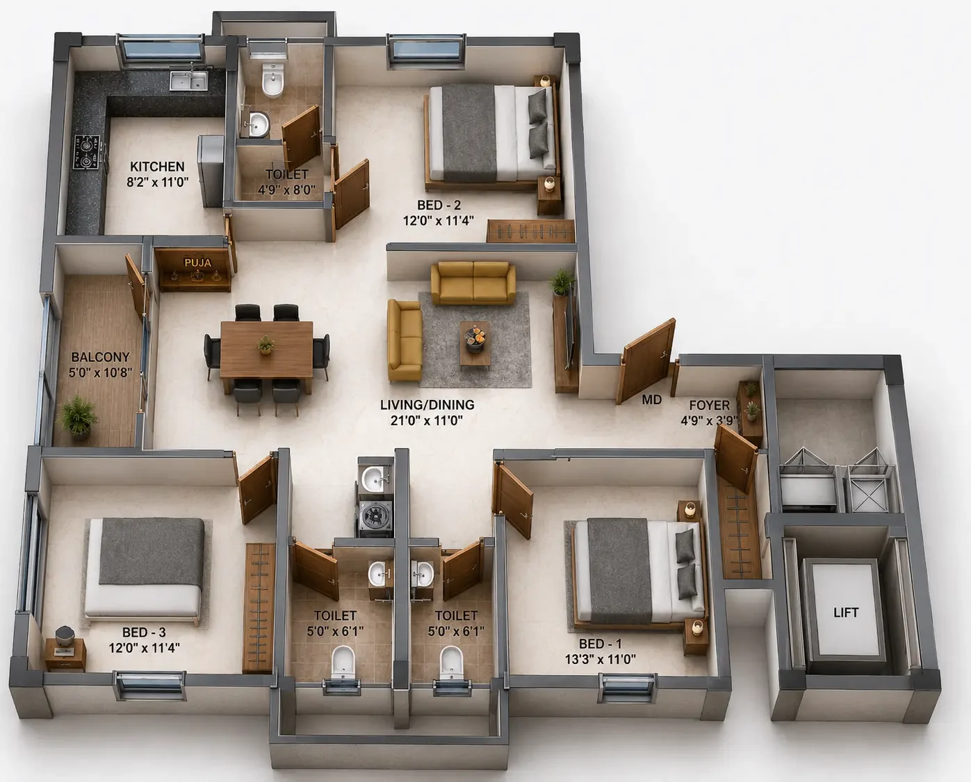 2 BHK Apartment floor plan