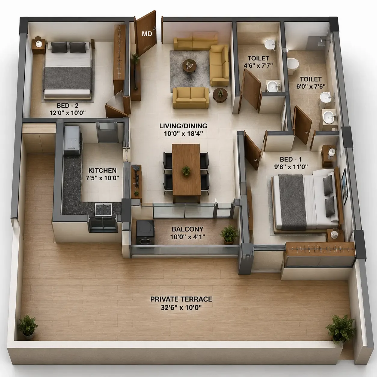 2 BHK Apartment floor plan