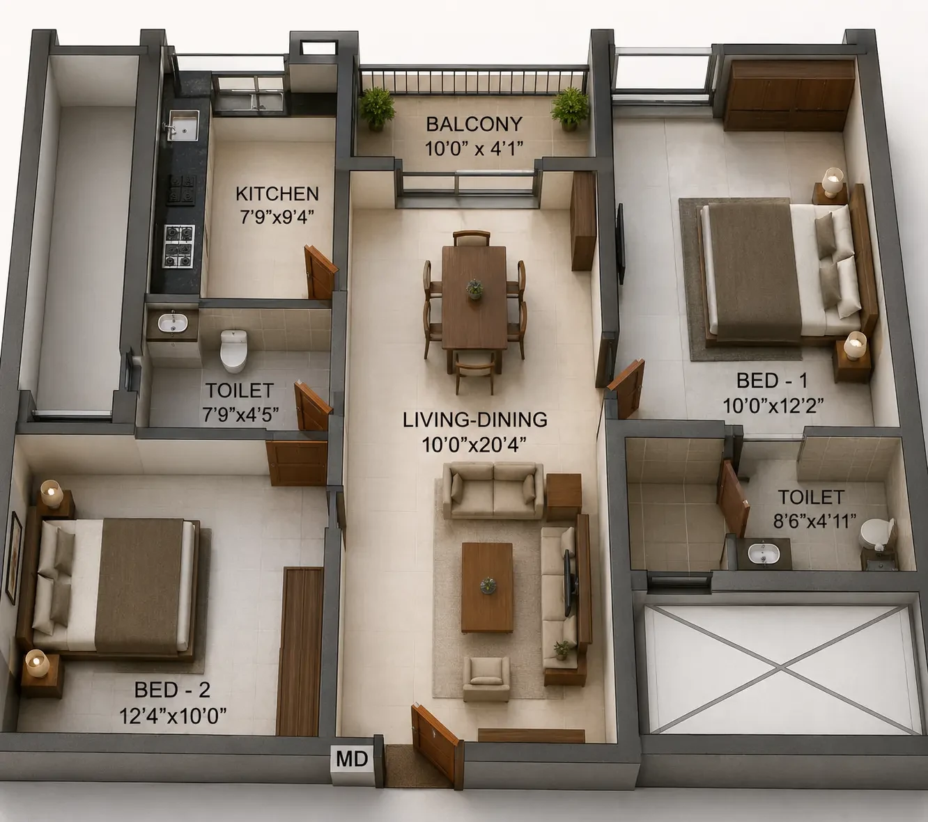 2 BHK Apartment floor plan