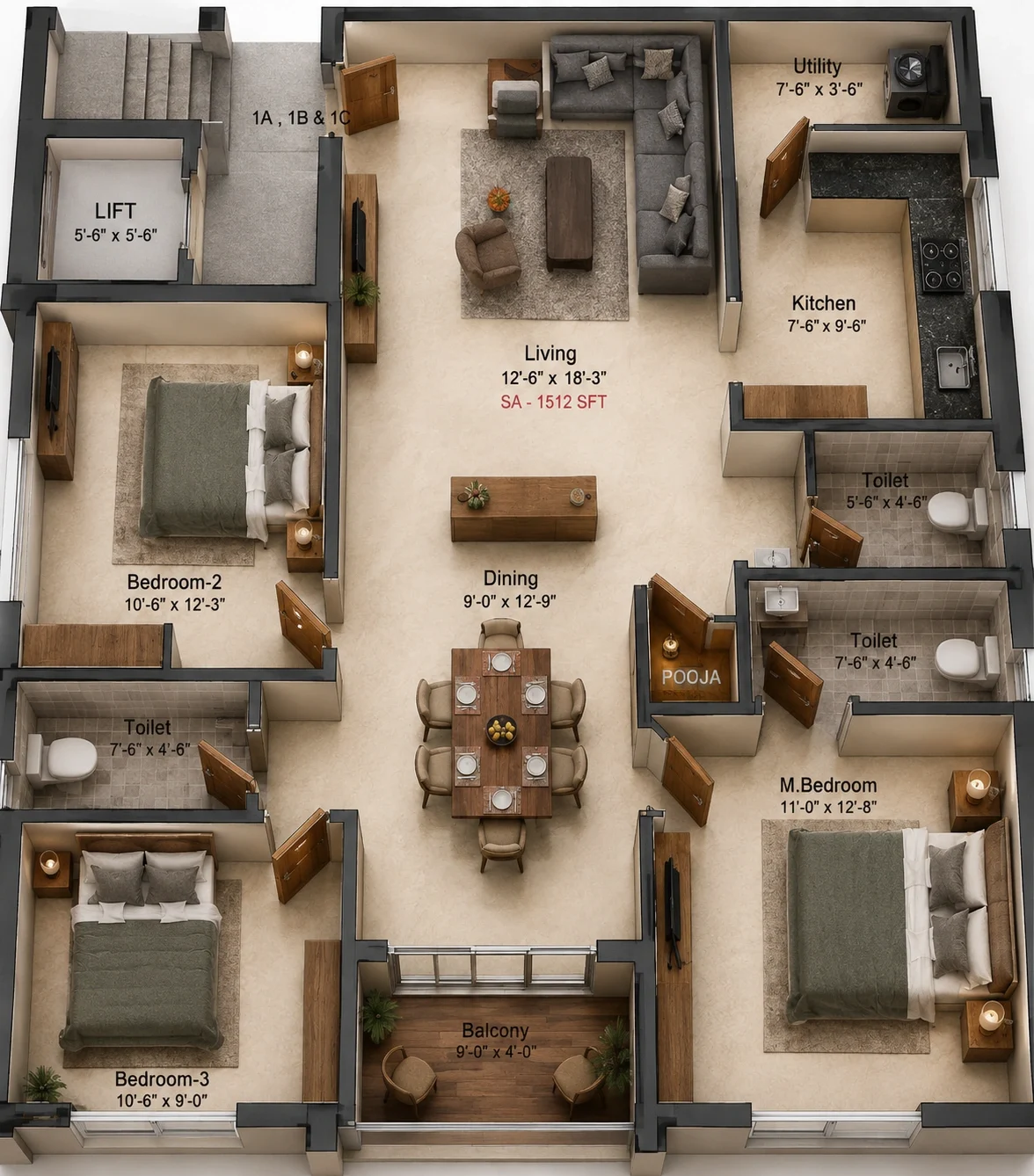 3 BHK Apartment floor plan — Preetha Park Avenue