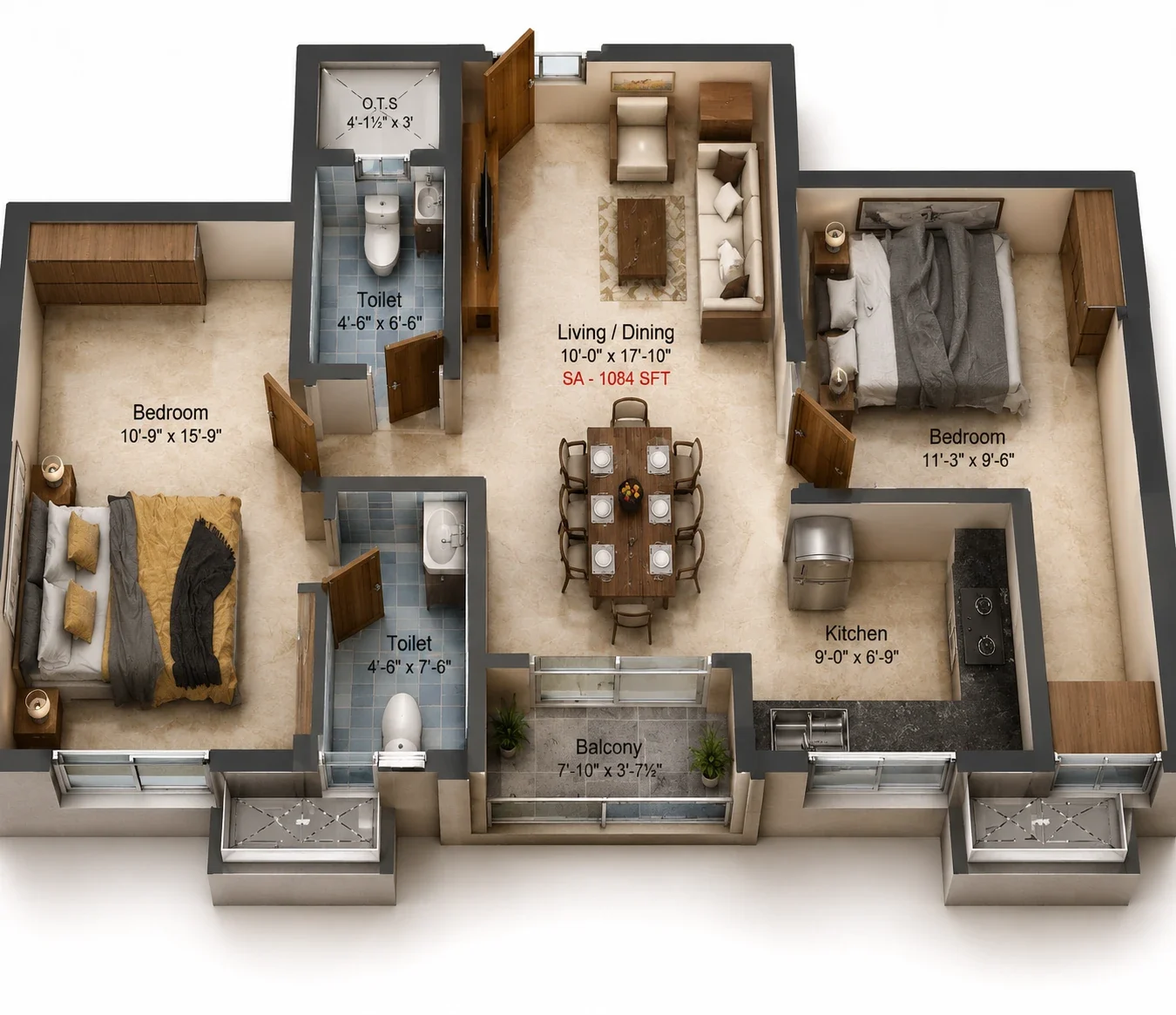 3 BHK Apartment floor plan — Preetha Sivaji Gardens